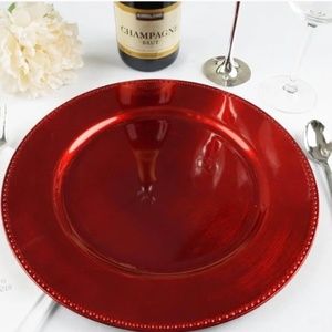 RUBY RED 13” DECORATIVE ACRYLIC CHARGER PLATES w/BEADED RIMS 10 PC SET — NEW